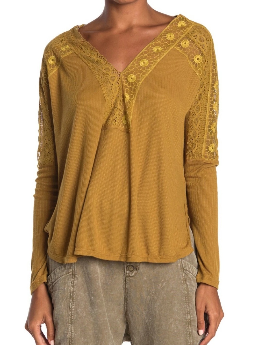 Free People Lola Lace Trim V-Neck Top Alchemy Mustard Yellow Large